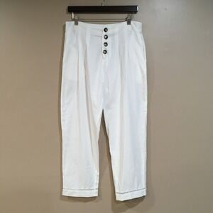 Noracora Button‎ Front Crop Pants Womens L White Coastal Airy Beachy Linen Look